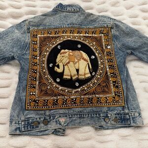 Vintage Acid Washed Embroidered Elephant Denim Jacket